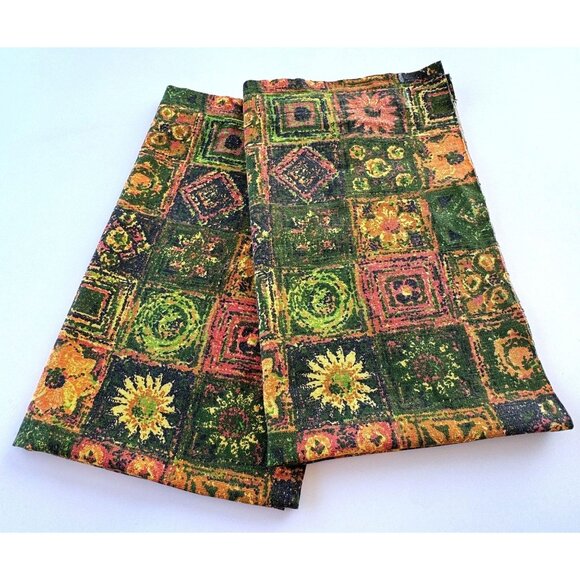 Vintage 70s curtains, green, brown, orange, yellow faux patchwork, pair - Picture 1 of 10